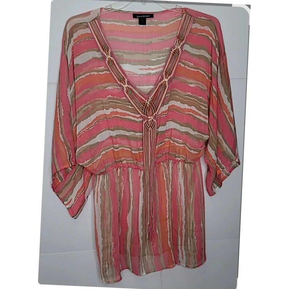 Ashley Stewart Chiffon Tunic 14/16 Coral Aztec Peasant Macrame Boho Beach Resort